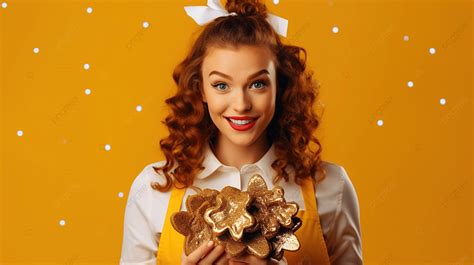 Woman Baker In Surprise Holds Christmas Cookie Cutters On Yellow