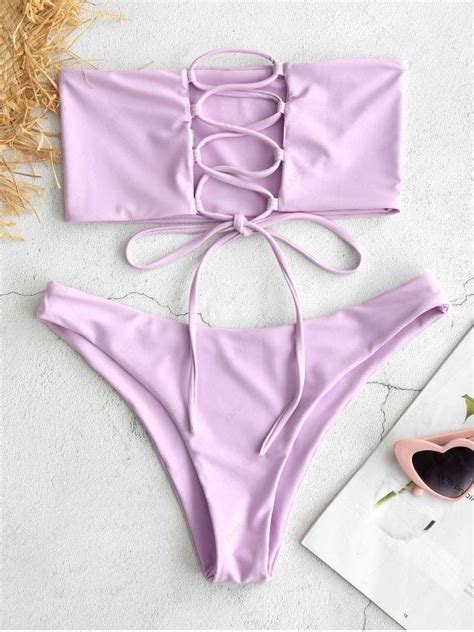 15 OFF 2021 ZAFUL Unlined Back Lace Up Bandeau Bikini Set In MAUVE