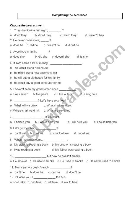 English Worksheets Completing Sentences