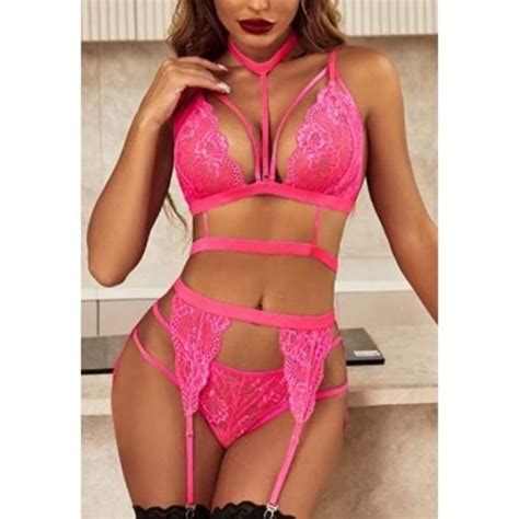 The Sinful Closet Intimates Sleepwear Hot Pink Lace Garter Lingerie Set W Removable Choker