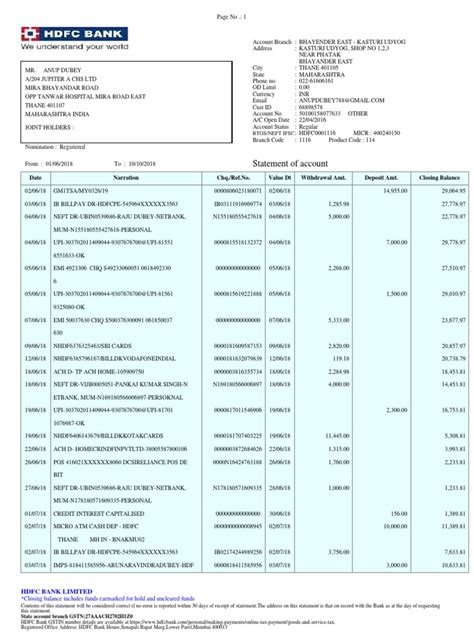 Hdfc Bank Statement Pdf Pdf Banks Service Industries