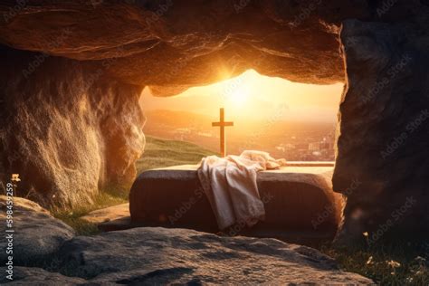 Tomb Empty With Shroud And Crucifixion At Sunrise Resurrection Of