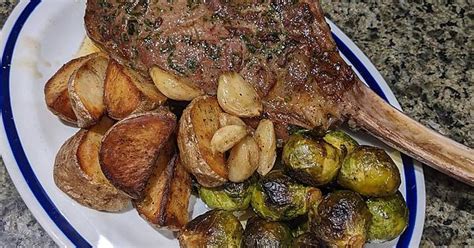 2lb Tomahawk Steak With Garlic Potatoes And Fried Sprouts [oc] Imgur