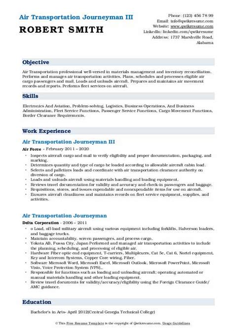 Air Transportation Journeyman Resume Samples Qwikresume