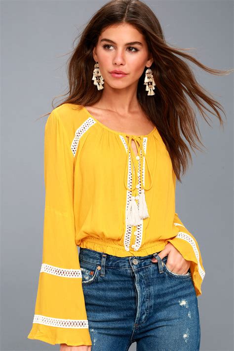 Cute Yellow Crop Top Long Sleeve Top Crochet Lace Top Lulus