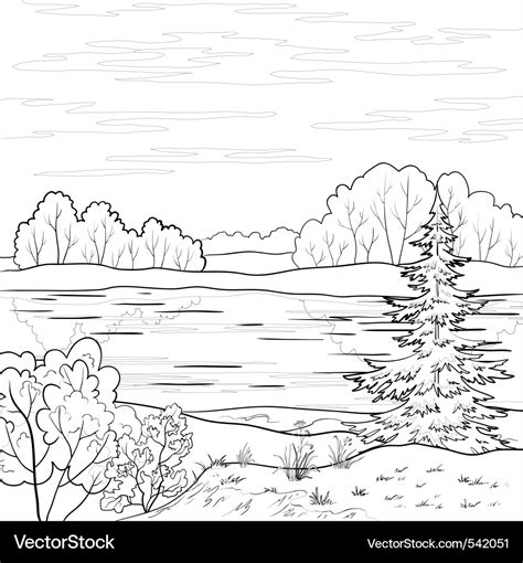 Landscape forest river outline Royalty Free Vector Image