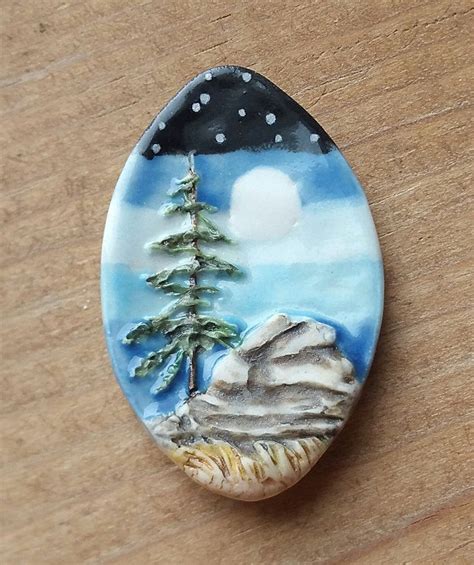 Porcelain Tree Rock Mountain Landscape Cabochon Rock Tree Moon Stars