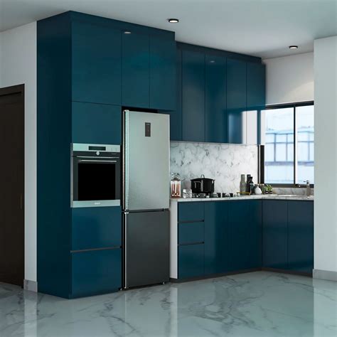 Spacious L Shaped Blue Kitchen Cabinet Design Livspace