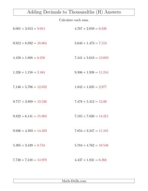 Adding Decimals To Thousandths Horizontally H