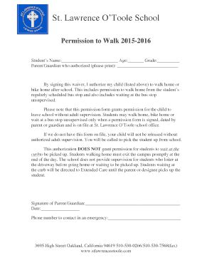 Fillable Online Permission To Walk Home St Lawrence O Toole Fax