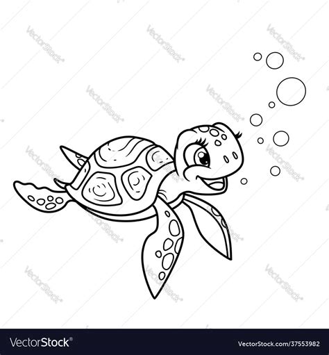 Cute little sea turtle outlined for coloring page Vector Image