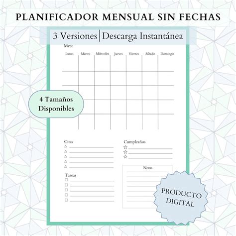 Planificador Mensual Imprimible Minimal Sin Fechas Planner Mensual