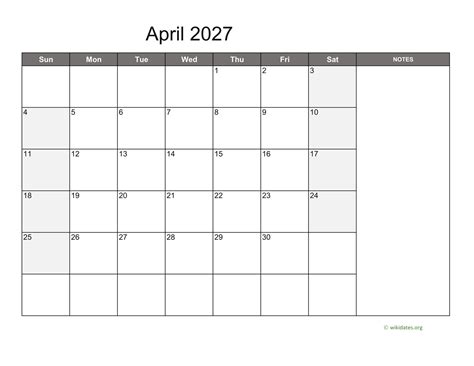 April 2027 Calendar With Notes