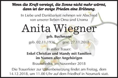 Traueranzeigen Von Anita Wiegner Abschied Nehmen De