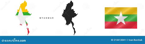 Myanmar Detailed Flag Map Detailed Silhouette Waving Flag Vector