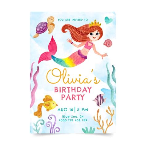 Free Vector Hand Painted Watercolor Mermaid Birthday Invitation Template