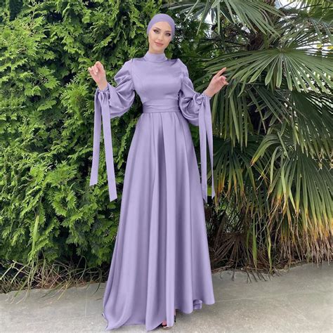 Vestido Mu Ulmano Cetim Fita Para Mulheres Hijab Isl Mico Abaya