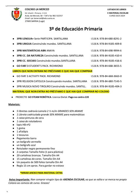 LISTADO DE LIBROS Y MATERIAL ESCOLAR 2023 24 CPR La Merced Sarria