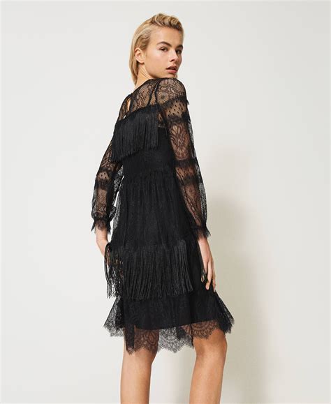 Abito In Tulle Con Pizzo E Frange Donna Nero Twinset Milano Abiti