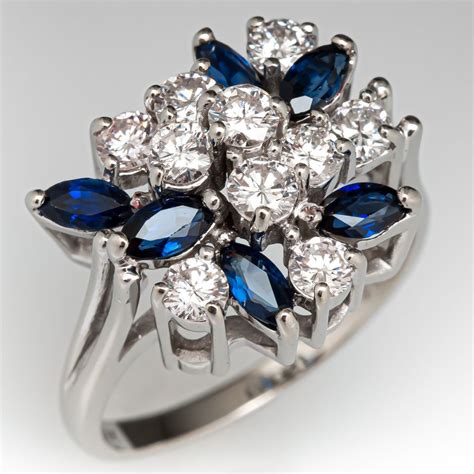 vintage diamond blue sapphire cluster ring  white gold