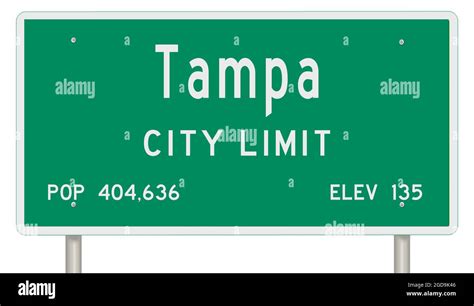 Rendering Of A Green Florida Highway Sign With City Information Stock