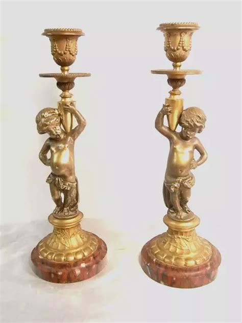 PAIRE BOUGEOIRS Bronze Ancien Flambeau Cherubin Putti Torchère