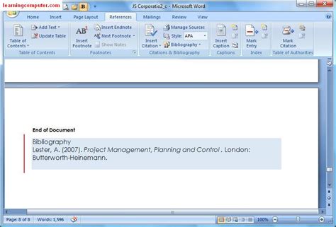 Microsoft Word References Tab It Computer Training