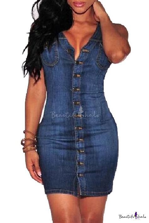 Wommens Sexy Sleeveless Slim Front Button Denim Bodycon Party Dress