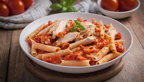 Pasta De Penne En Salsa De Tomate Con Pollo Y Tomates En Una Mesa De Madera Foto Premium