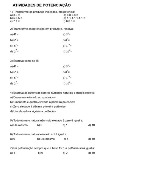 Atividades de Potenciação para 6º Ano | PDF