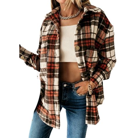 Womens Plaid Jacket Long Sleeve Lapel Button Down Shirts Wool Blend Shacket Coat Casual Tops