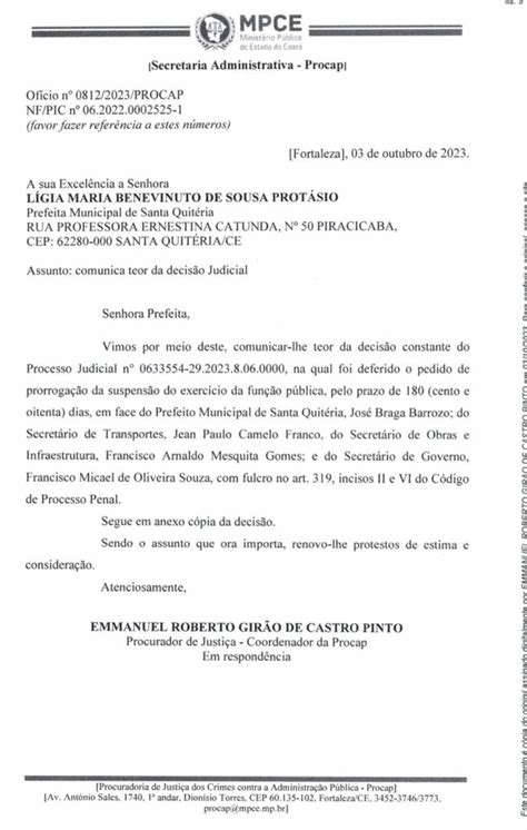 Justiça oficializa novo afastamento do prefeito de Santa Quitéria