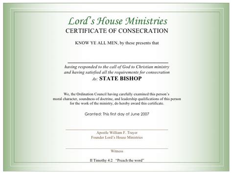 Certificate For Bishops