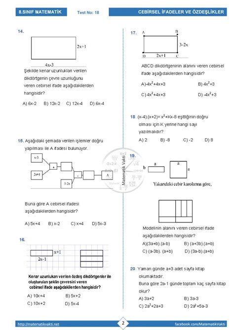 8 Sınıf Cebirsel İfadeler Testi PDF İndir Matematik Vakti