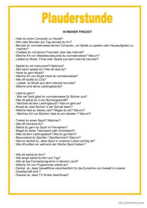 Plauderstunde Deutsch Daf Arbeitsbl Tter Pdf Doc