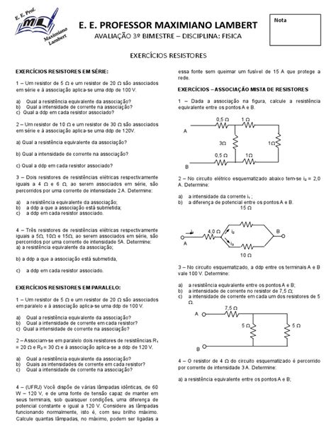 ExercÍcios Resistores Resistência Elétrica E Condutividade Resistor