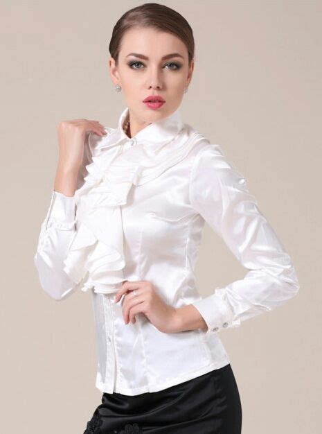 White Silk Satin Ruffle Blouse Ruffle Blouse Blouse Brunette Beauty