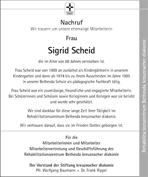 Traueranzeigen Von Sigrid Scheid Rz Trauer De