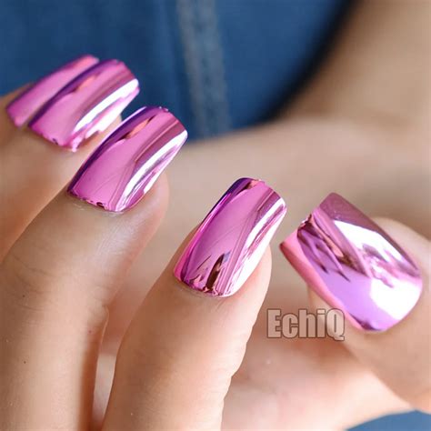 Sexy Fashion Hot Pink Rose Metal Fake Nails Metal Plate Punk Style Metallic Long False Nail For