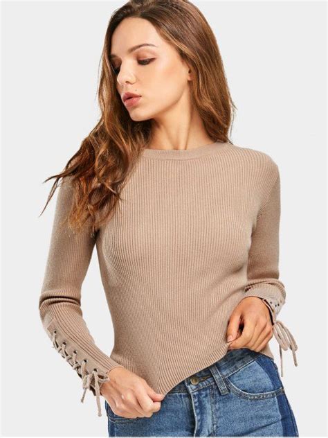 [23 Off] 2021 Lace Up Sleeve Ribbed Sweater In Khaki Zaful