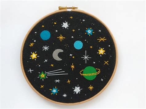 An Embroidered Space Scene With Stars Planets And The Moon On Black