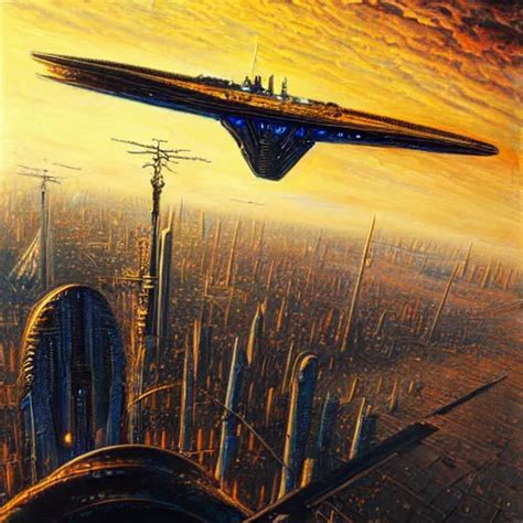 Cyberpunk Starship Soaring Over City Atmospheric Stable Diffusion