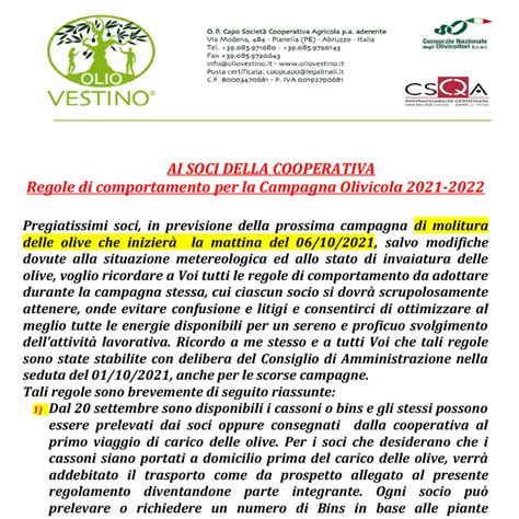 Regolamento Campagna Olivicola 2021 Olio Vestino