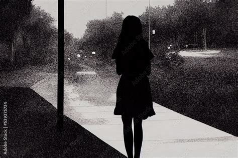 Young alone woman in dress walking on sidewalk through dark park to ...