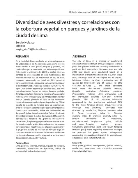 PDF Diversidad De Aves Silvestres Y Correlaciones Con La Cobertura