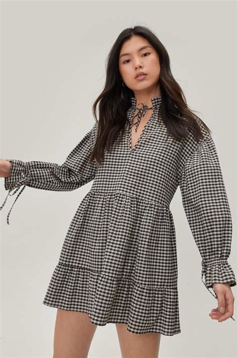 Check Tie Neck Mini Smock Dress Boohoo