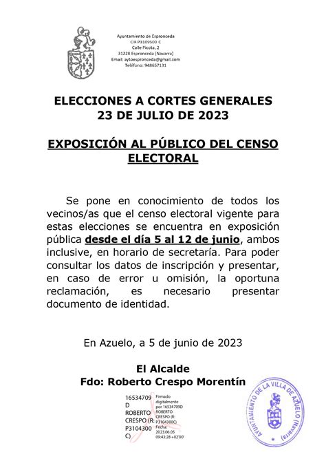 Exposici N Al P Blico Del Censo Electoral Desde Hoy Y Hasta El D A