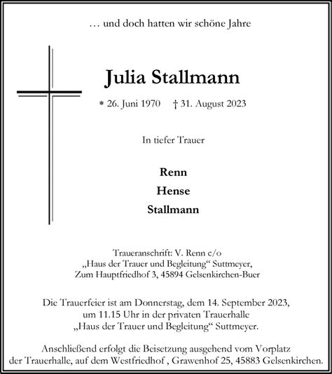 Traueranzeigen Von Julia Stallmann Trauer In NRW De