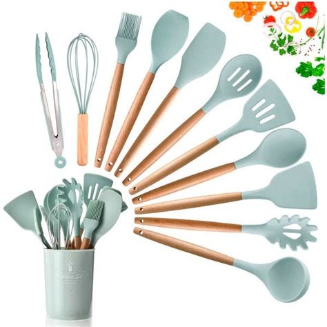 Kit Utensílios De Cozinha Cabos em Madeira e Silicone 11 Peças Pote