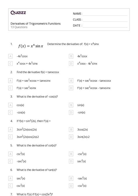 Derivatives Of Integral Functions Worksheets For Th Year On